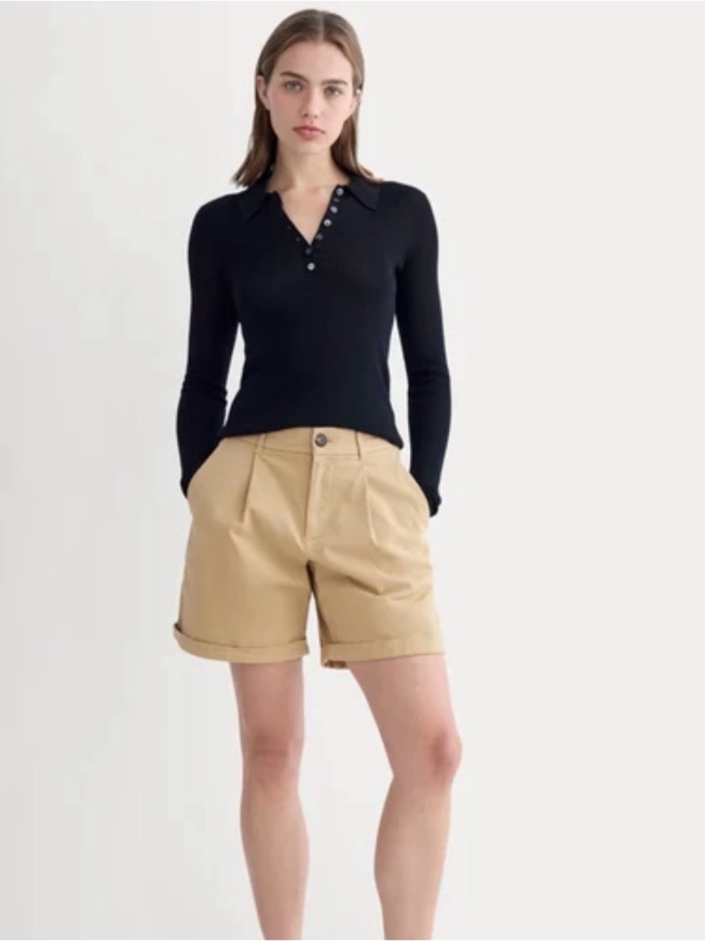 Banana Republic Khaki High-Rise Pleated Chino Shorts W/ Adjustable Waist Buckle